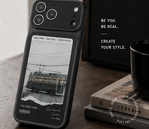 E-Ink shutter case detail on desk